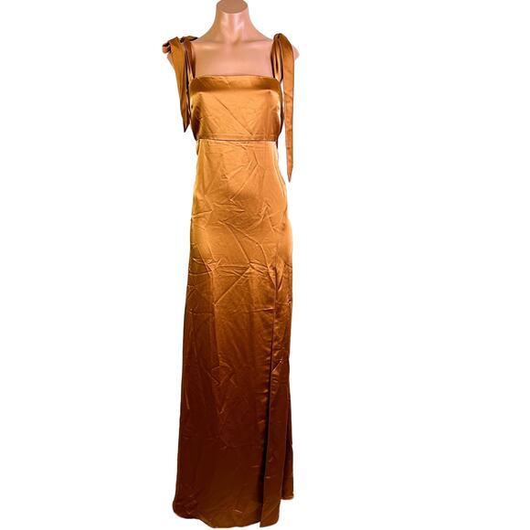 Social Bridesmaids 8224 Charmeuse Tie Shoulder Slit Maxi Dress Toffee Size M NWT - Picture 10 of 10